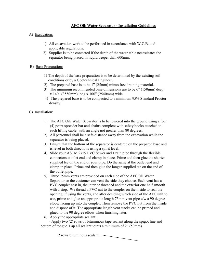 Technical drawing: AFC Oil Water Separator Installation Guide