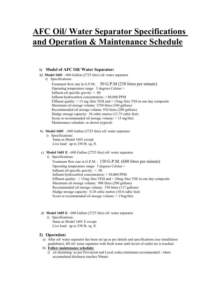Technical drawing: AFC Oil Water Separator Specifications Operations & Maintenance Schedule