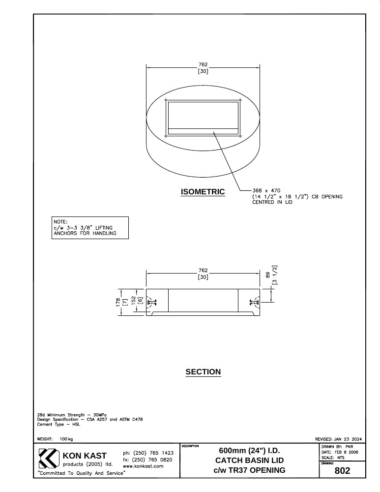 Technical drawing: Lid for 600 (24") Catch Basin c/w B37 Opening