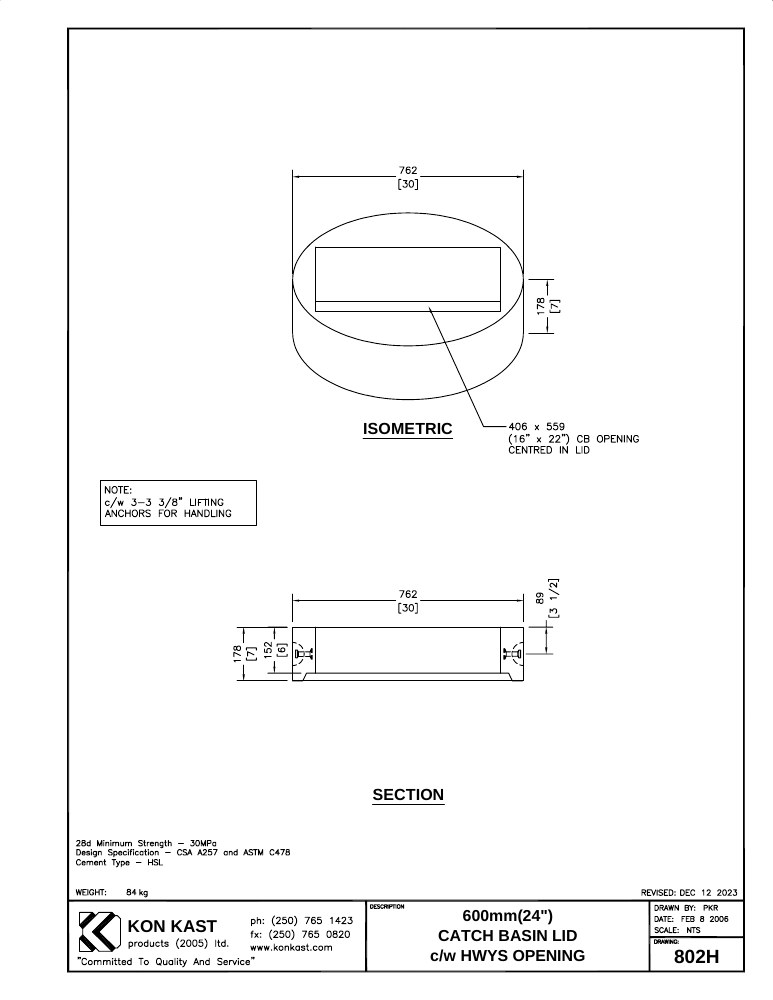 Technical drawing: Lid for 600 (24") Catch Basin c/w Hwys Opening