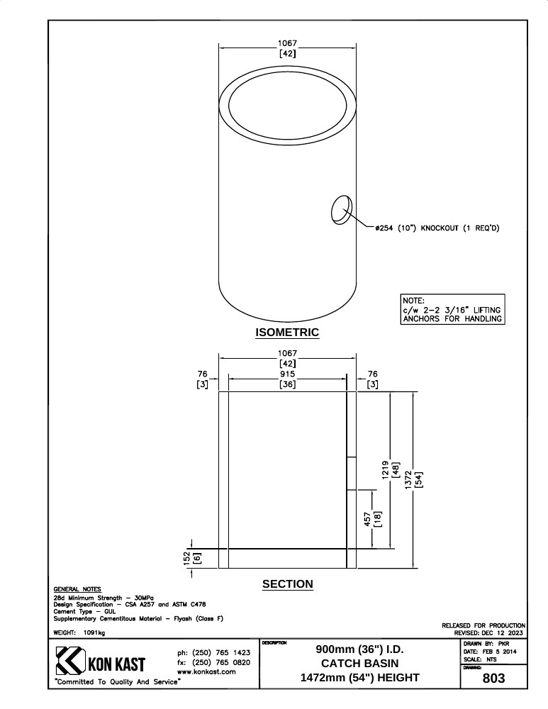 Technical drawing: 900 (36") Catch Basin