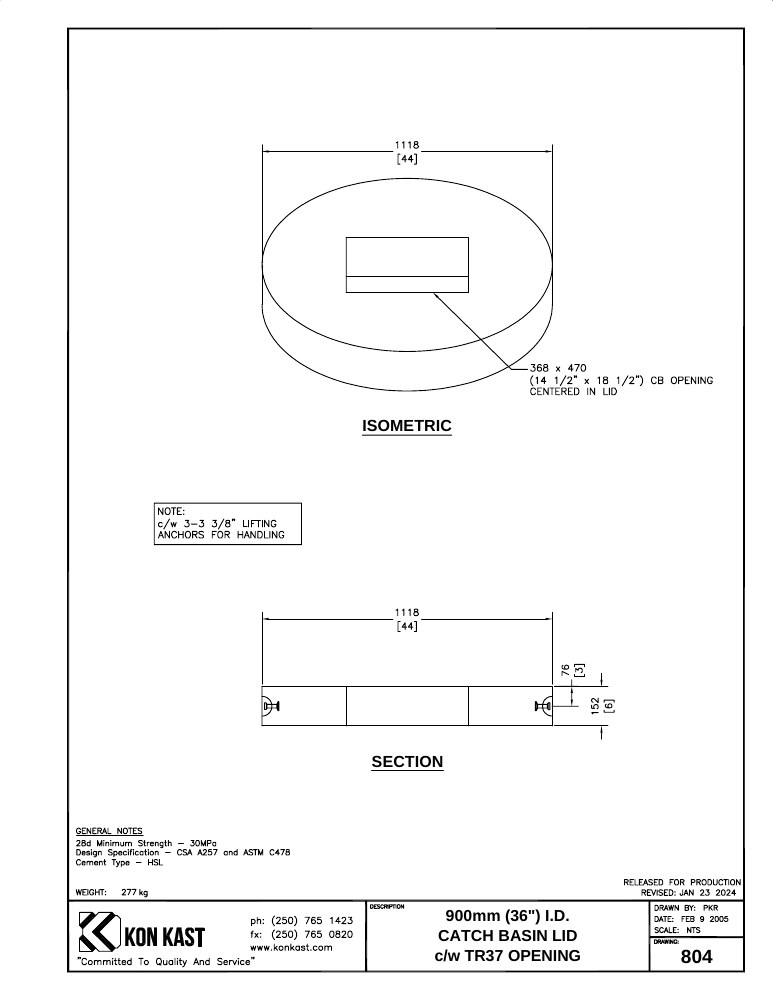 Technical drawing: 900 (36") Catch Basin B37 Opening