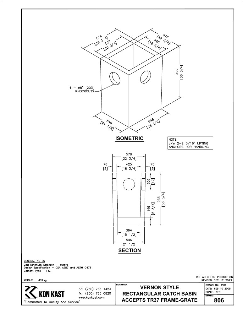 Technical drawing: Rectangular Catch Basin