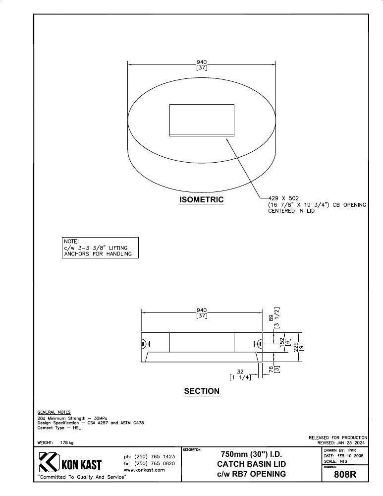 Technical drawing: Lid for 750 (30") CB c/w TK7 Opening