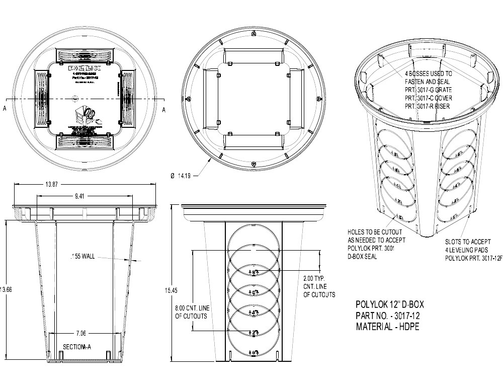 Technical drawing: Plastic 4 Hole Distribution Box