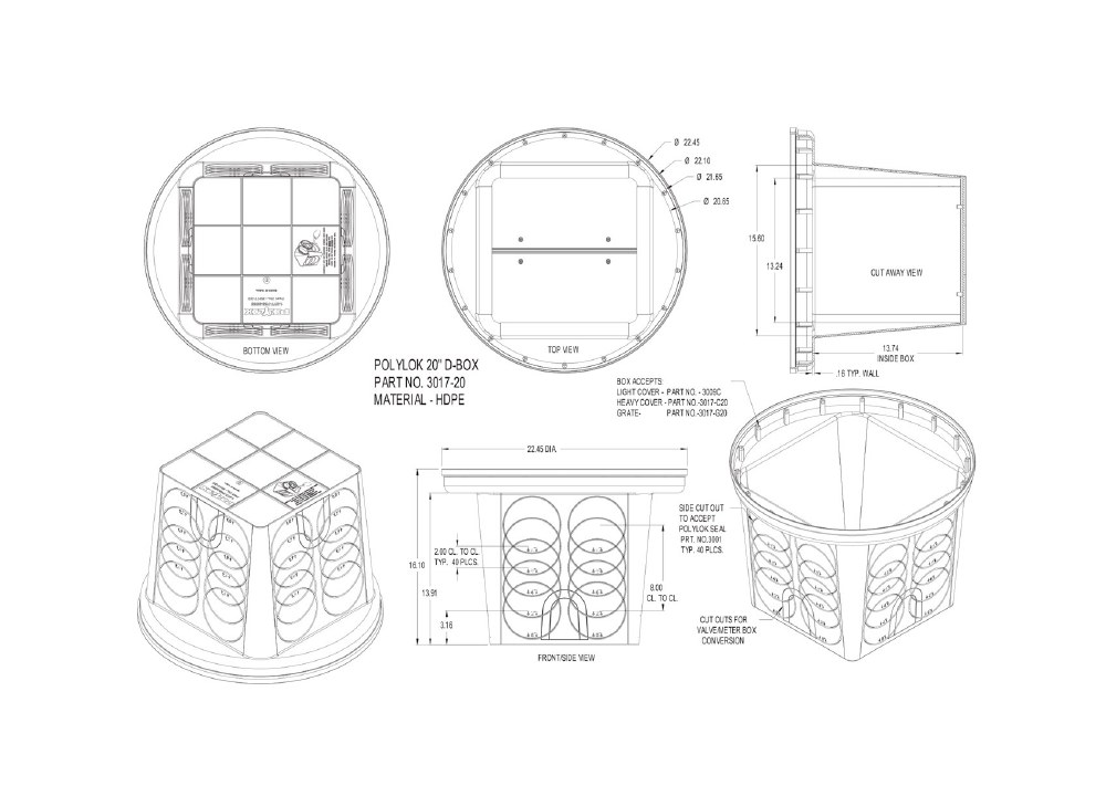 Technical drawing: Plastic 7 Hole Distribution Box