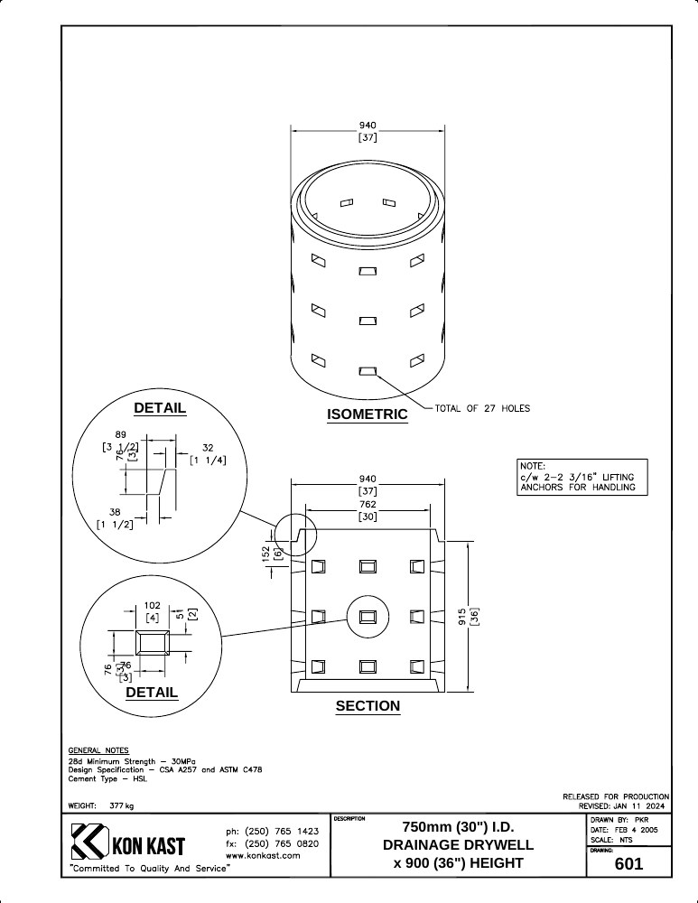Technical drawing: 762 I.D. (30") Drainage Drywell x 914 (36")
