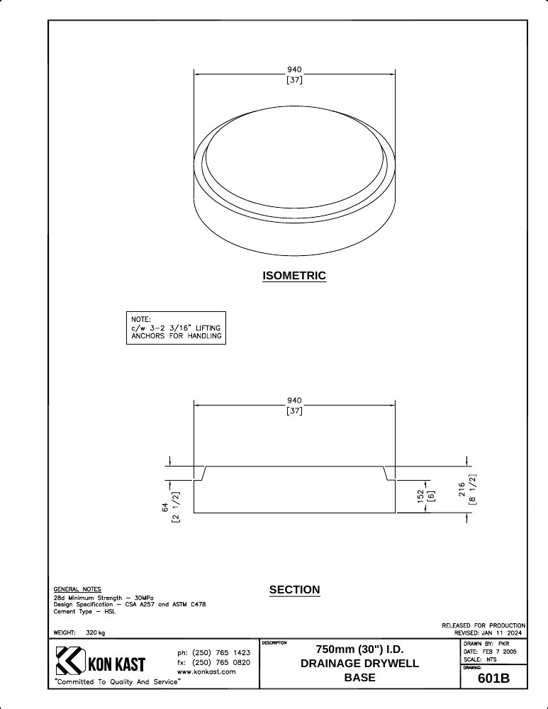 Technical drawing: 762 I.D. (30") Drainage Drywell Base