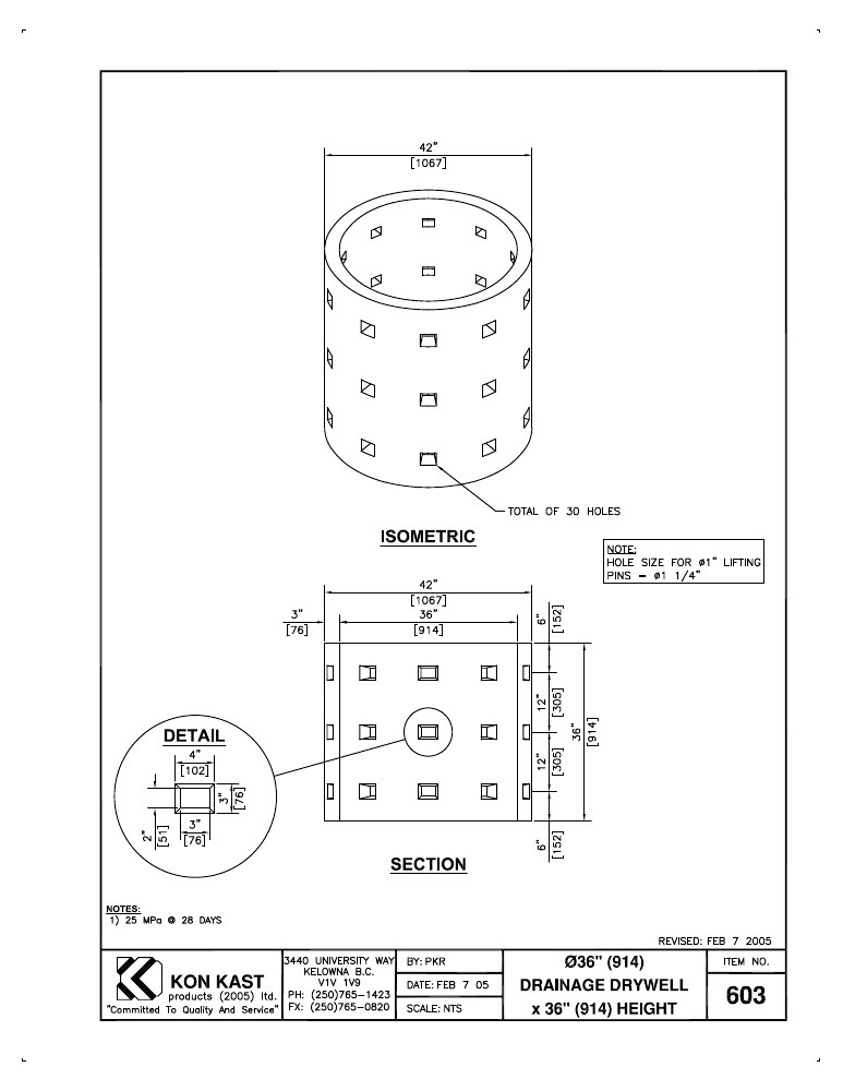Technical drawing: 914 I.D. (36") Drainage Drywell x 914 (36")