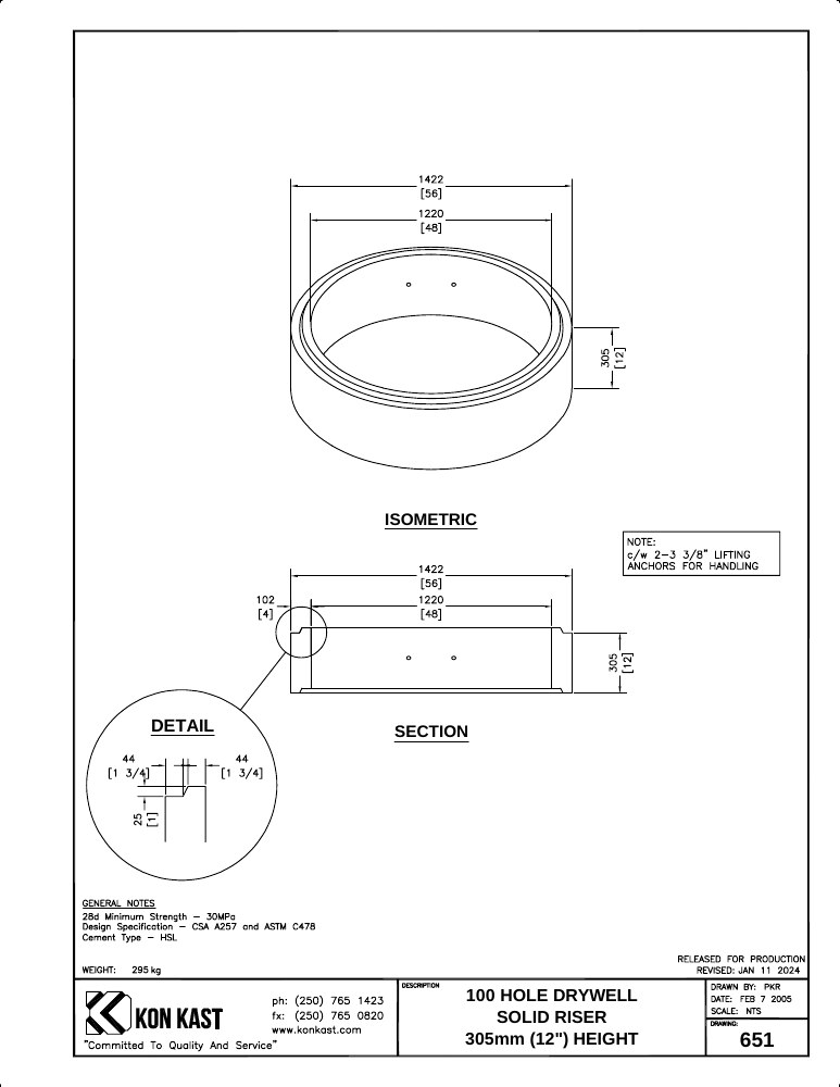 Technical drawing: 305 (12") Solid Riser for 100 Hole Drywell