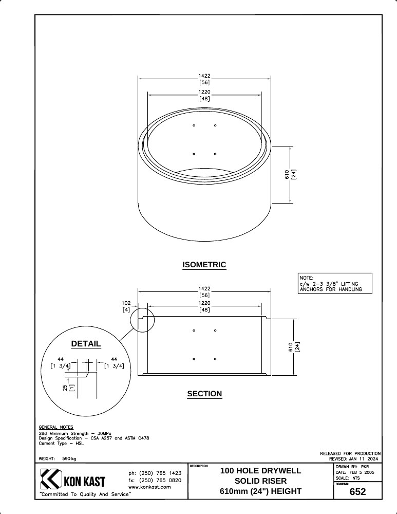 Technical drawing: 610 (24") Solid Riser