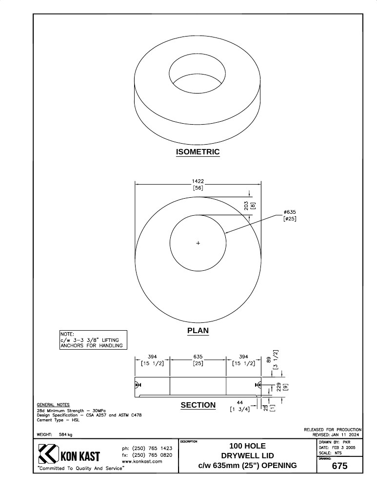 Technical drawing: Lid for 100 Hole Drywell c/w 635 (25") Opening