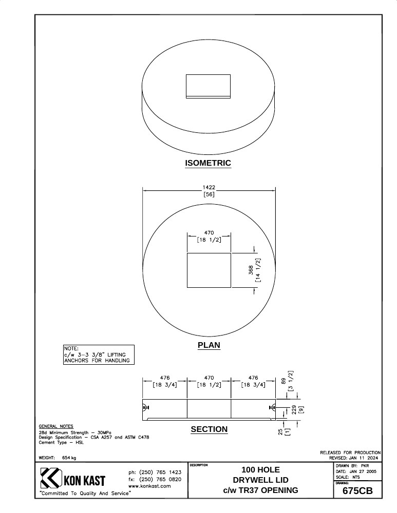 Technical drawing: Lid for 100 Hole Drywell c/w B37 Opening