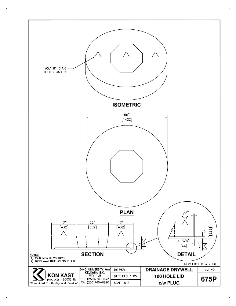 Technical drawing: Lid for 100 Hole Drywell c/w Plug