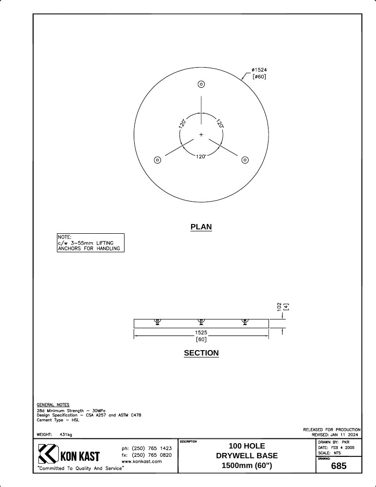 Technical drawing: 1524 (60") Base for 100 Hole Drywell