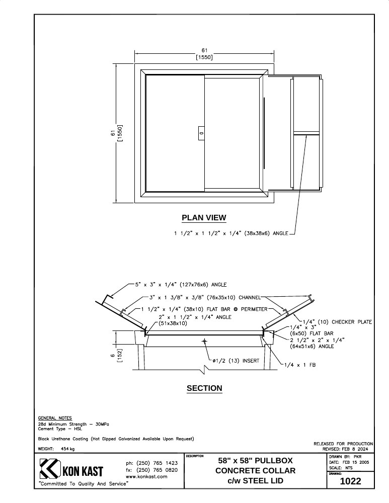 Technical drawing: 58"x58" Pullbox Steel & Concrete Lid