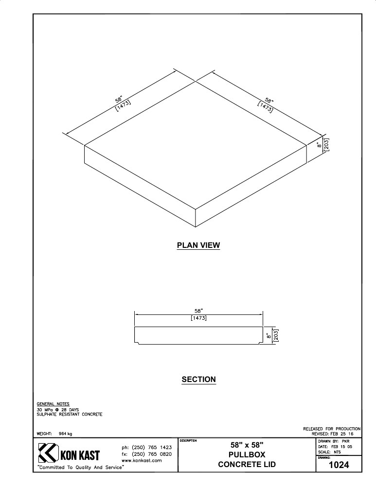 Technical drawing: 58"x58" Pullbox Concrete Lid