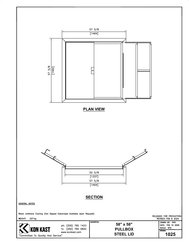 Technical drawing: 58"x58" Pullbox Steel Lid