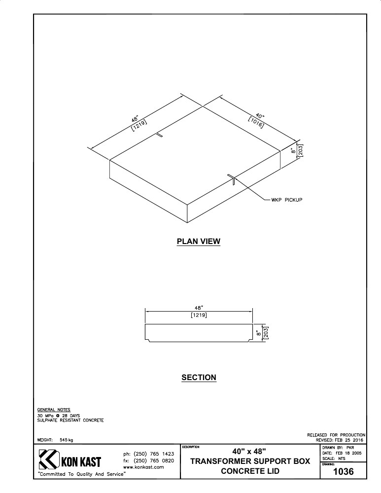 Technical drawing: Concrete Lid 40" x 48" Support Box