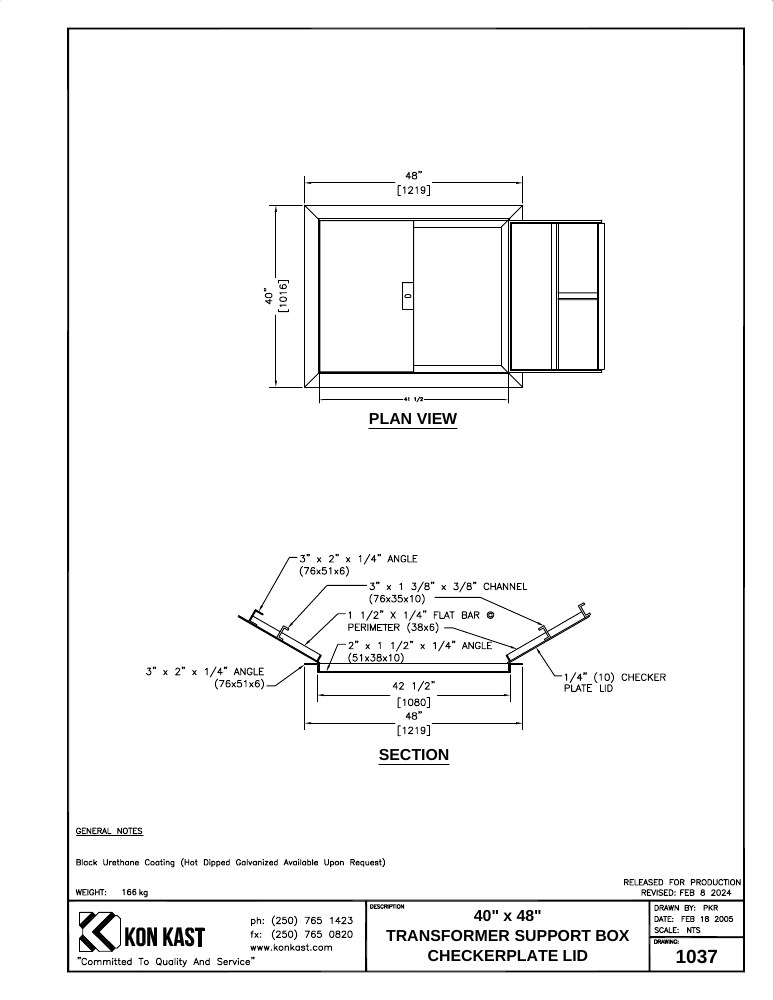 Technical drawing: Checker Plate Lid 40" x 48" Support Box