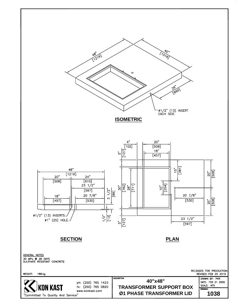 Technical drawing: Concrete Lid for 40" x 48" Box c/w Opening