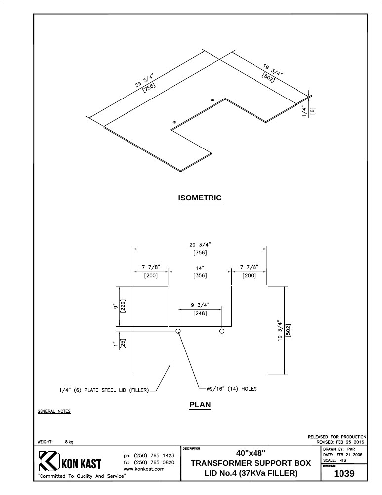 Technical drawing: Filler for Concrete Lid c/w opening
