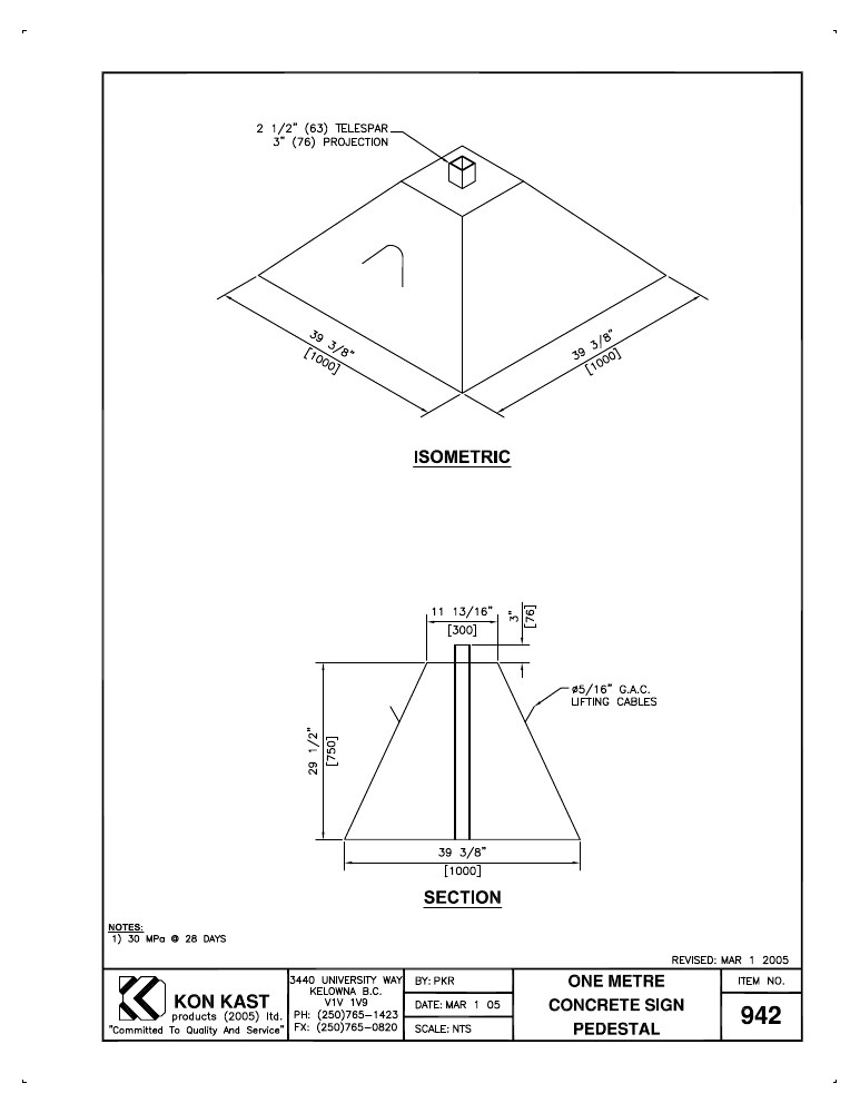 Technical drawing: One Metre Sign Pedestal