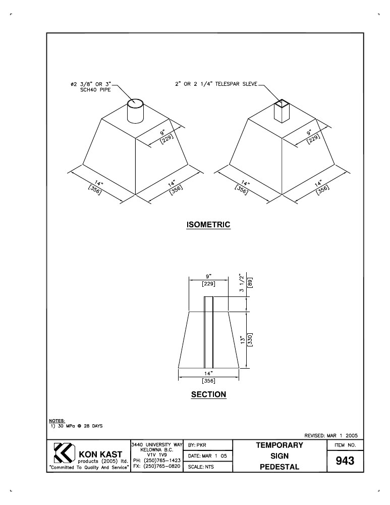 Technical drawing: Temporary Sign Pedestal