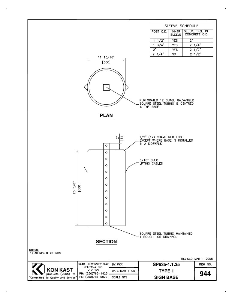 Technical drawing: Type 1 Sign Base