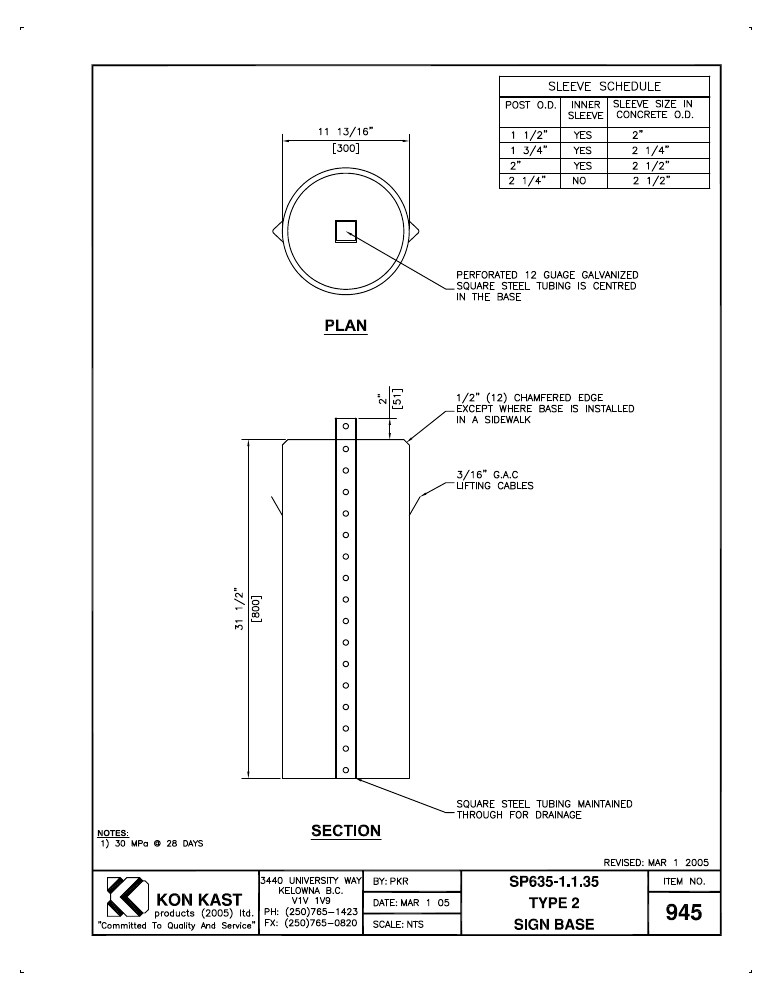 Technical drawing: Type 2 Sign Base