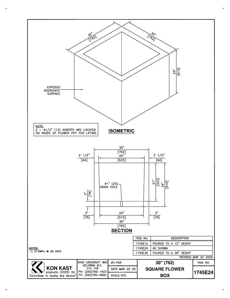 Technical drawing: 30" Square Flower Box