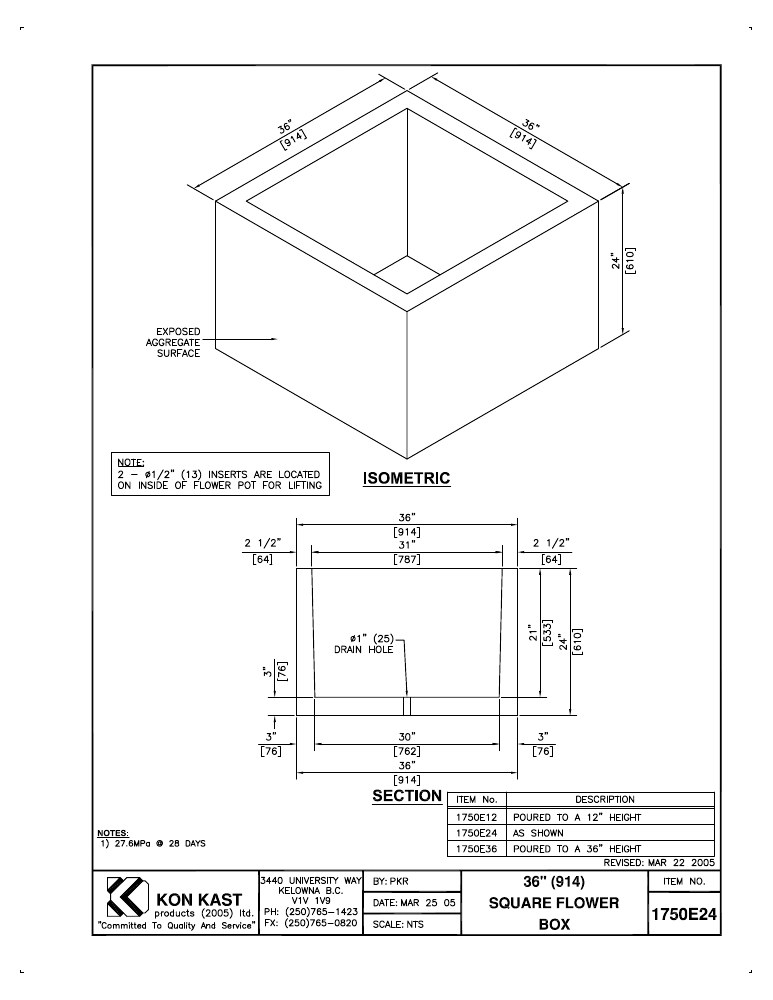 Technical drawing: 36" Square Flower Box