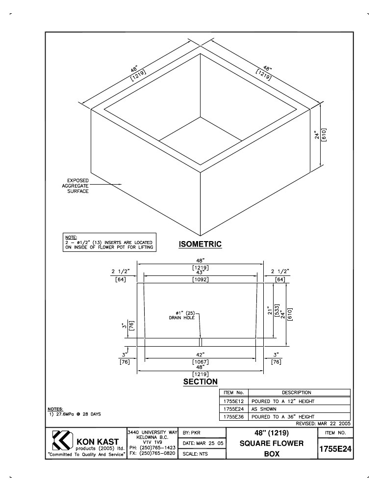 Technical drawing: 48" Square Flower Box