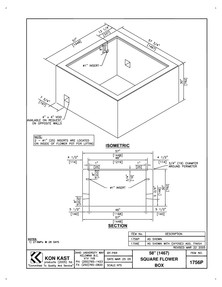 Technical drawing: 58" Square Flower Box