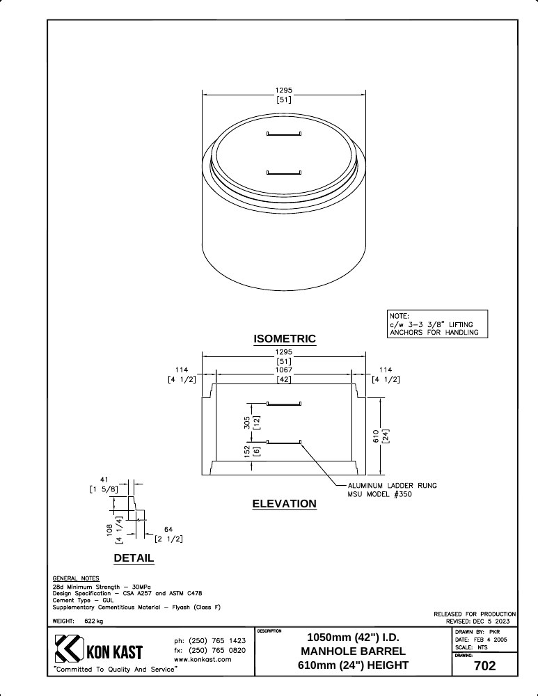 Technical drawing: 1050 (42") Manhole Barrel x 610 (24")