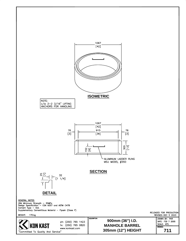 Technical drawing: 900 (36") Manhole Barrel x 305