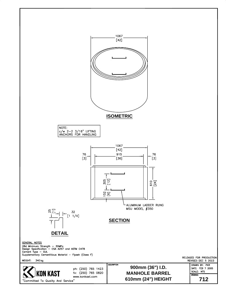 Technical drawing: 900 (36") Manhole Barrel x 610 (24")