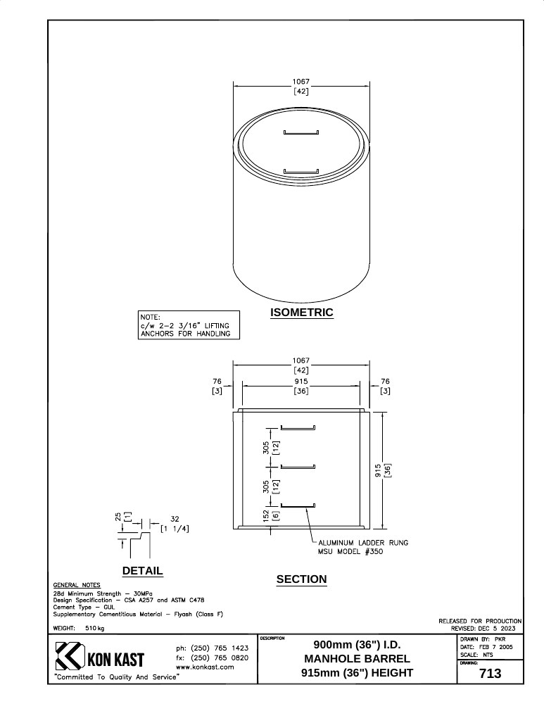 Technical drawing: 900 (36") Manhole Barrel x 914 (36")