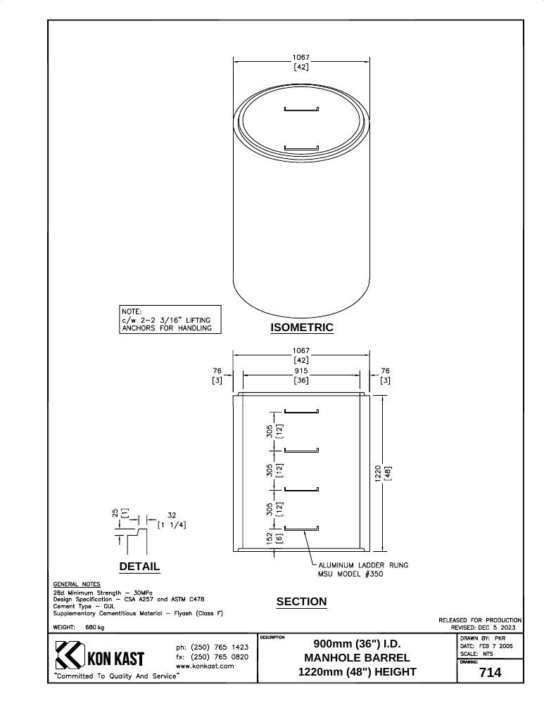 Technical drawing: 900 (36") Manhole Barrel x 1219 (48")