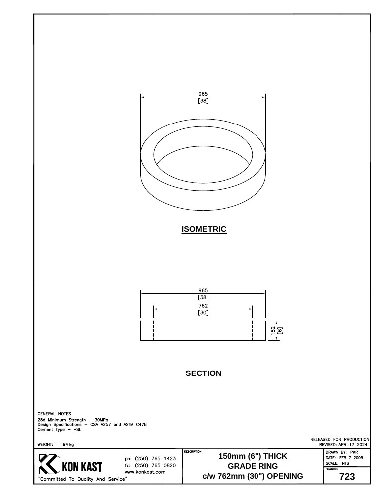 Technical drawing: 150 (6") Grade Ring c/w 762 (30") Opening
