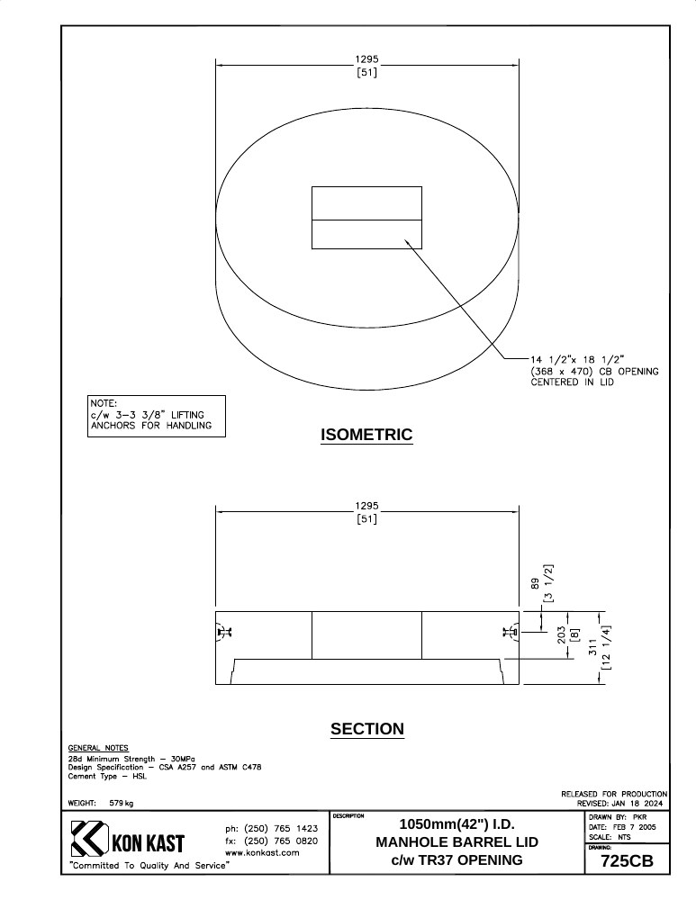 Technical drawing: Lid for 1050 (42") MHB c/w B37 Opening