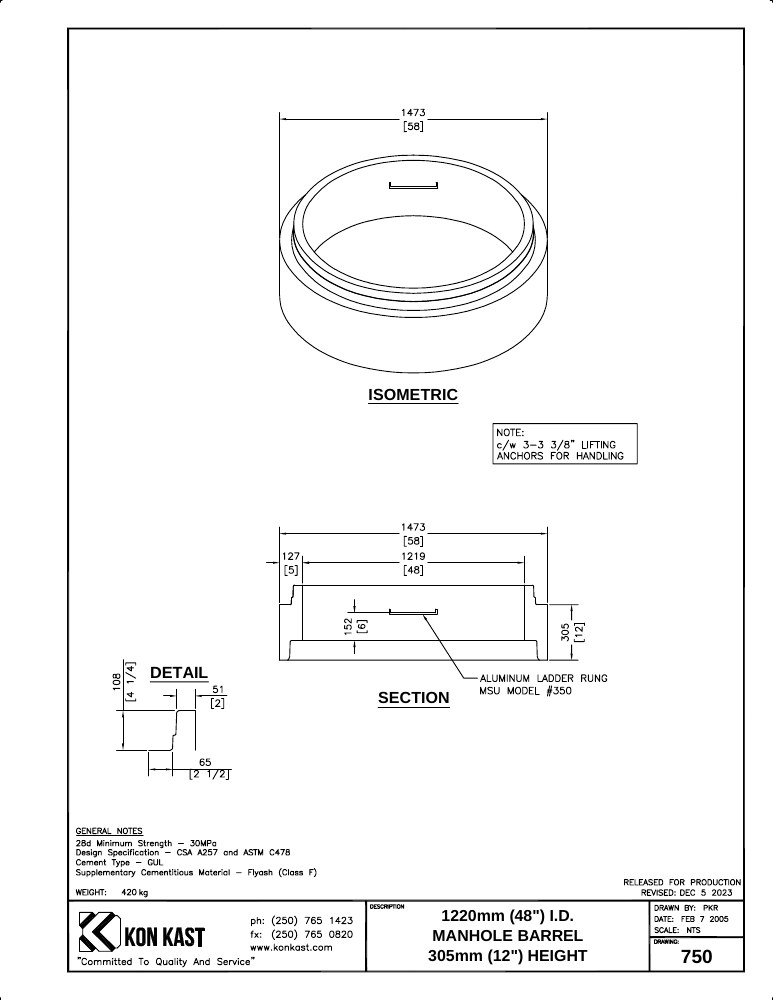 Technical drawing: 1200 (48") Manhole Barrel x 305 (12")