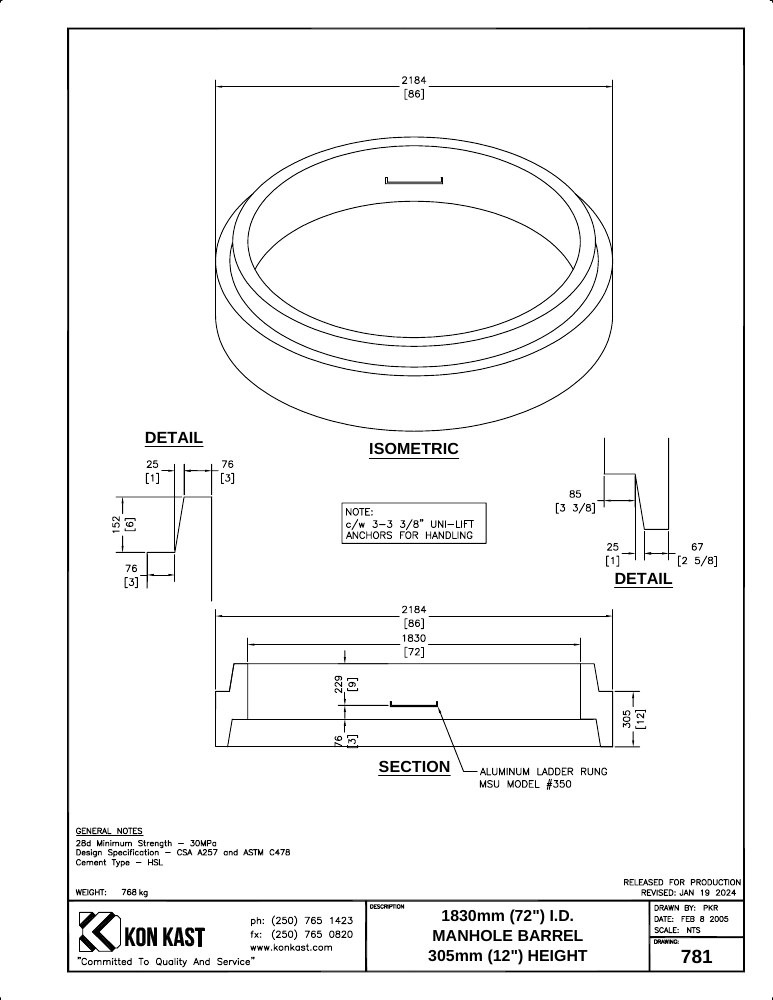 Technical drawing: 1800 (72") Manhole Barrel x 305 (12")