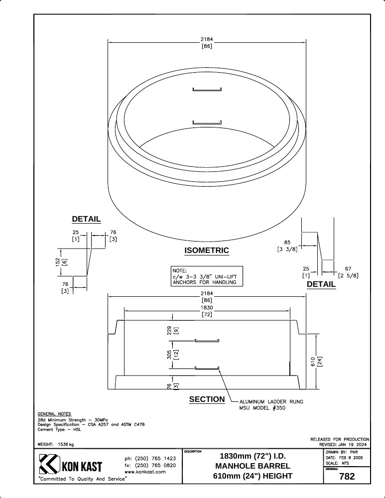 Technical drawing: 1800 (72") MHB x 610 (24")