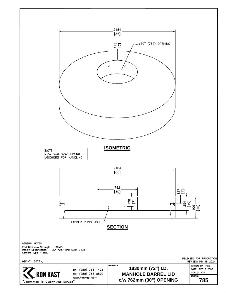 Technical drawing: Lid for 1800 (72") MHB c/w 762 (30") Opening