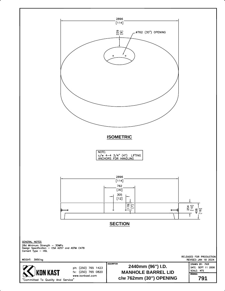 Technical drawing: Lid for 2400 (96") MHB c/w 762 (30") Opening