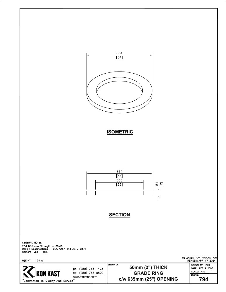 Technical drawing: 50 (2") Grade Ring c/w 610 (25") Opening