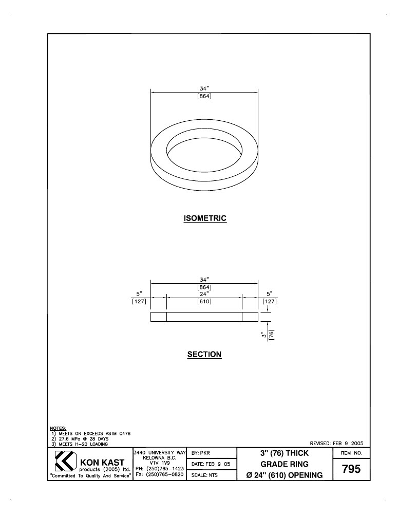 Technical drawing: 75 (3") Grade Ring c/w 610 (25") Opening