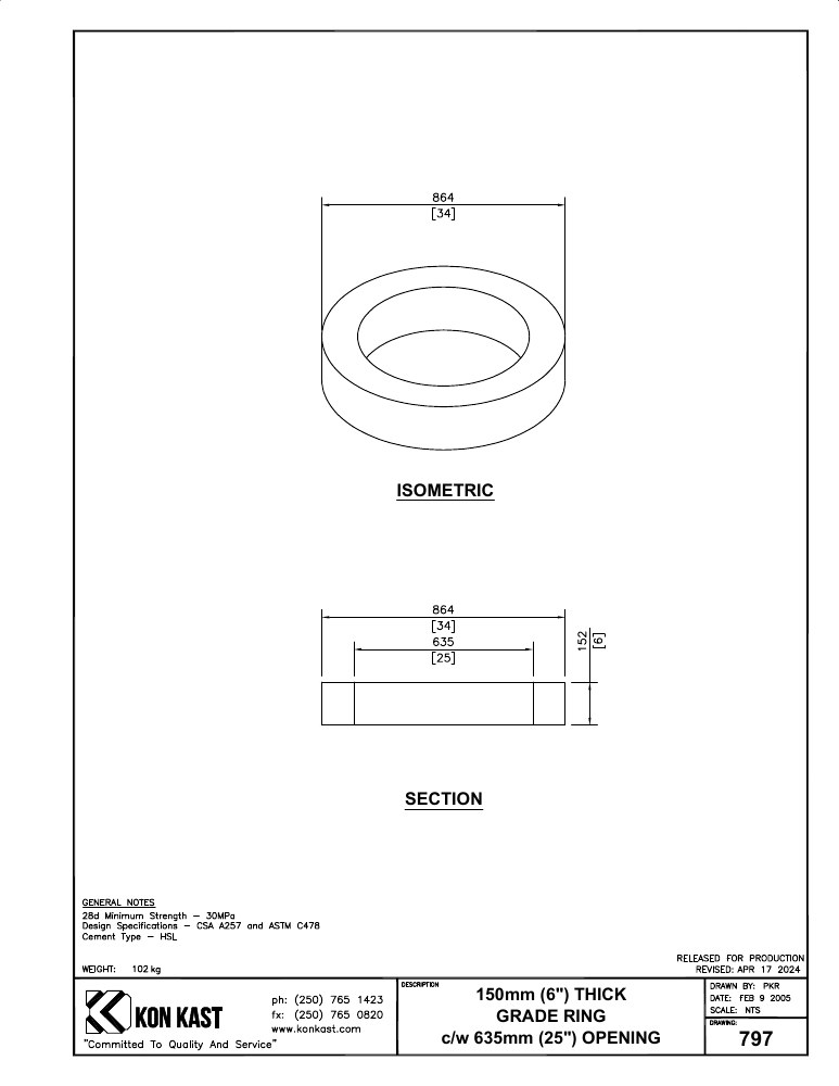 Technical drawing: 150 (6") Grade Ring c/w 610 (25") Opening