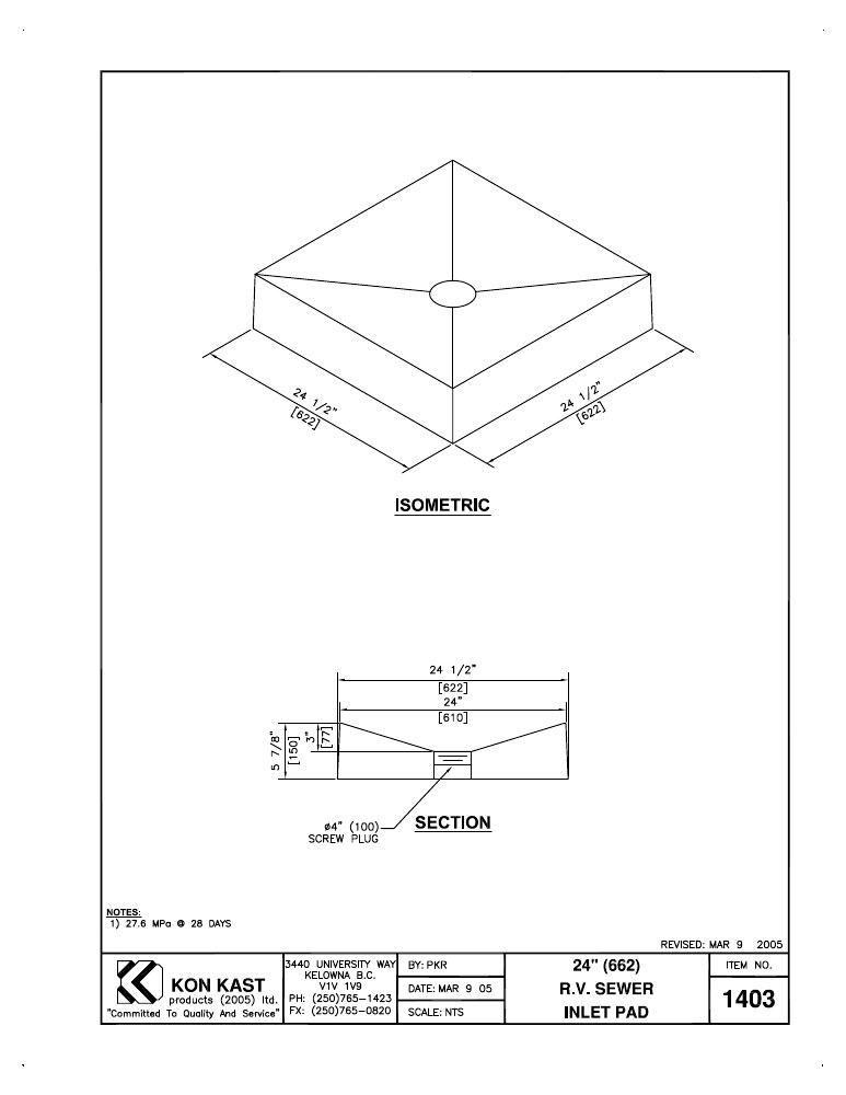 Technical drawing: R.V. Sewer Inlet Pad